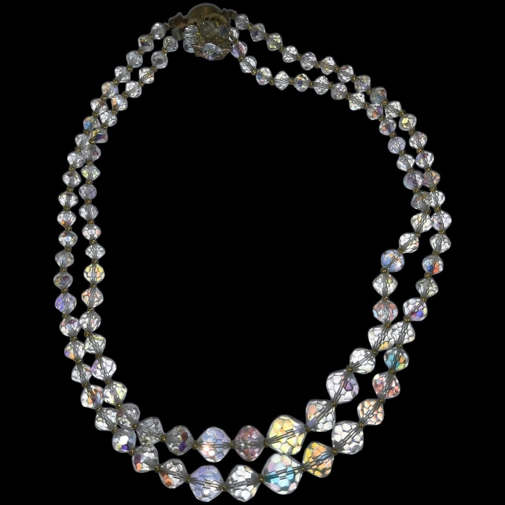 Vintage AB Crystal Double Strand Necklace w Jeweled Clasp